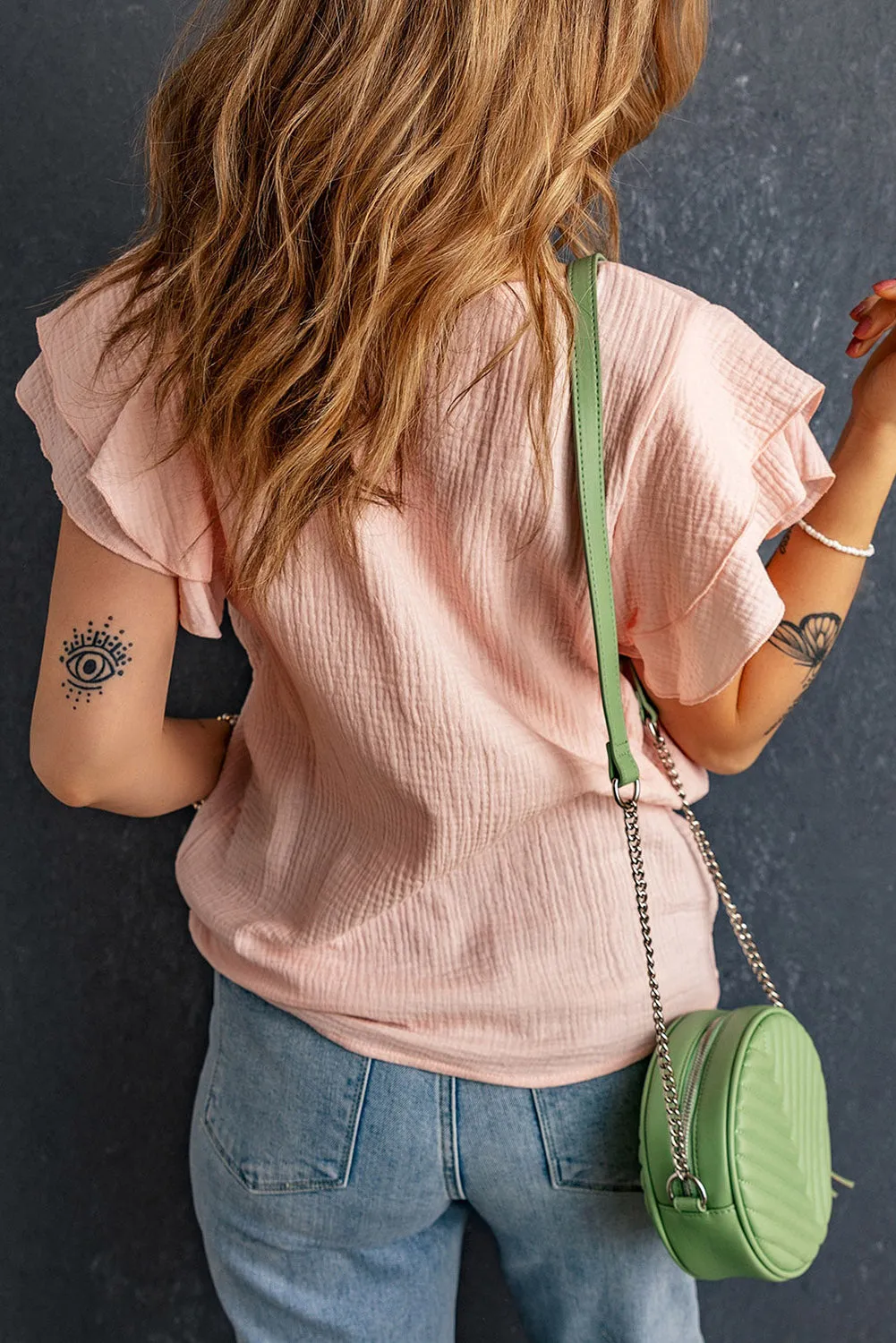 Pink Textured Tiered Ruffled Short Sleeve Blouse sold by Beagle Boutique product image thumbnail 2