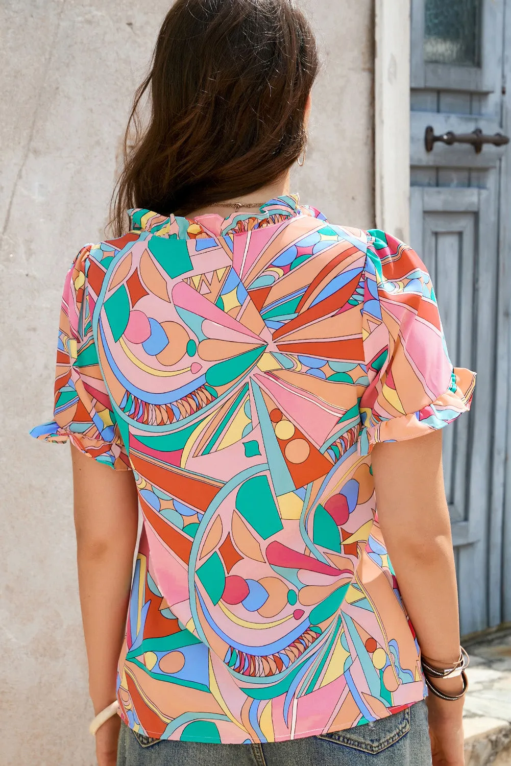 MultiColour Abstract Geometry Print Frilled V Neck Blouse sold by Beagle Boutique product image thumbnail 2