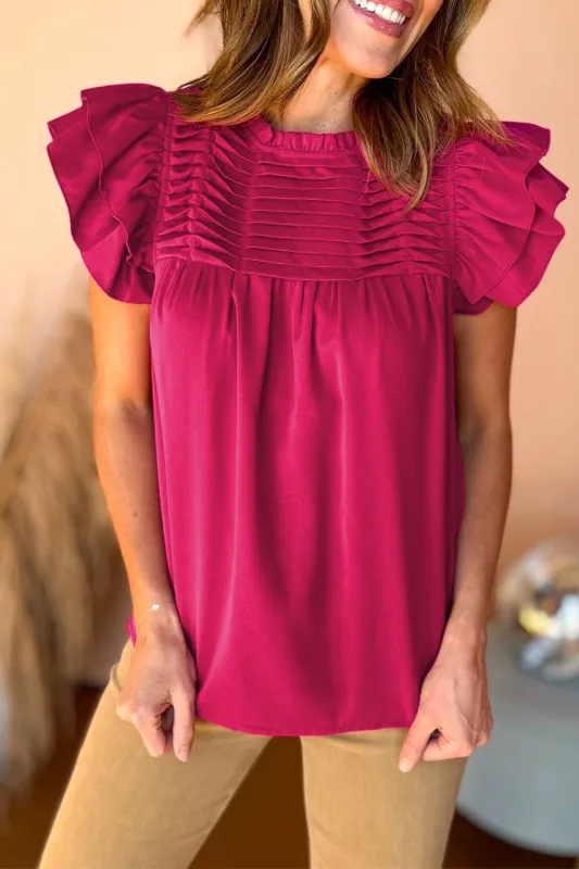 Rose Red Smocked Ruffle Sleeve Blouse sold by Beagle Boutique