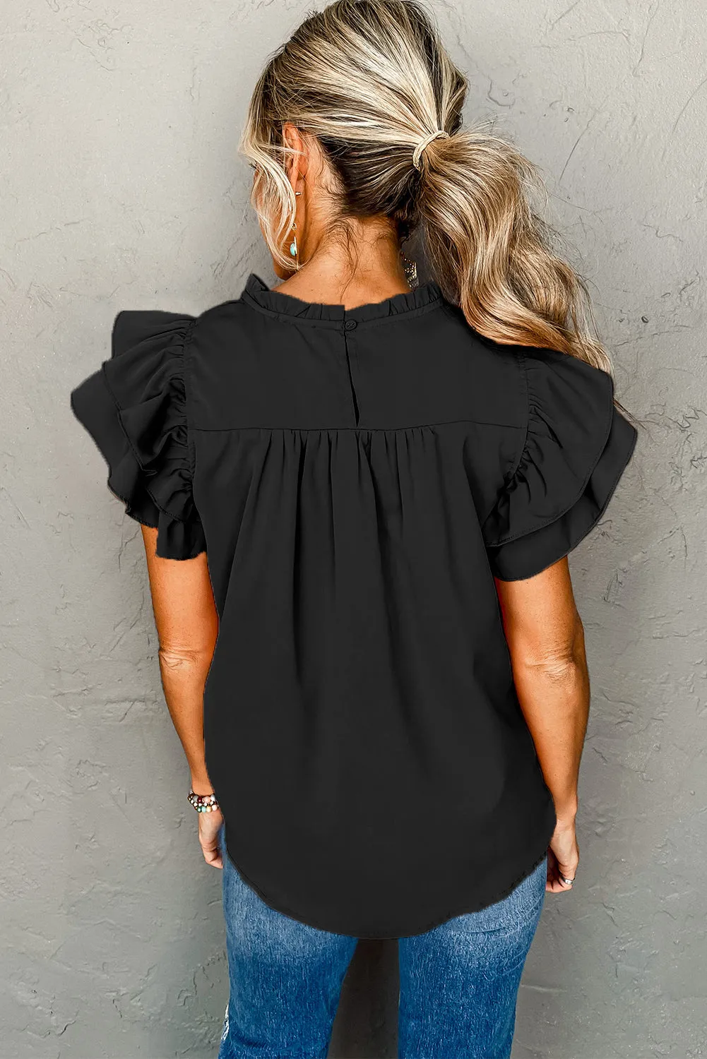 Black Smocked Ruffle Sleeve Blouse sold by Beagle Boutique product image thumbnail 2