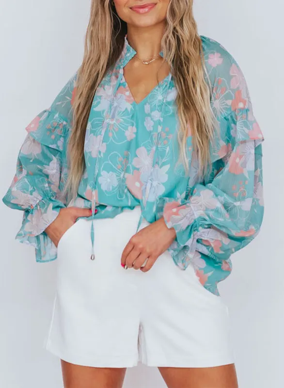 Sky Blue Floral Split Neck Ruffled Puff Sleeve Blouse sold by Beagle Boutique