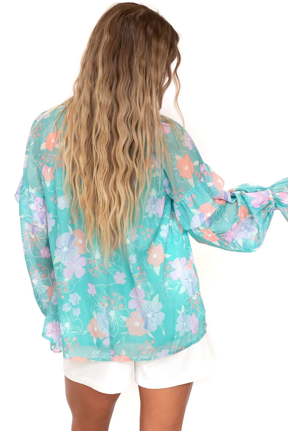 Sky Blue Floral Split Neck Ruffled Puff Sleeve Blouse sold by Beagle Boutique product image thumbnail 2