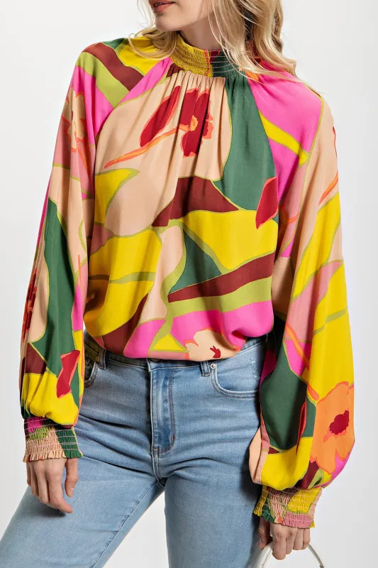 Multicolor Floral Print Smocked Hem Stand Neck Blouse sold by Beagle Boutique