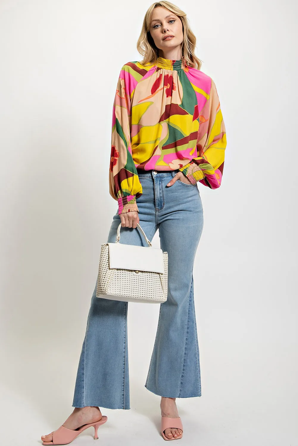 Multicolor Floral Print Smocked Hem Stand Neck Blouse sold by Beagle Boutique product image thumbnail 3