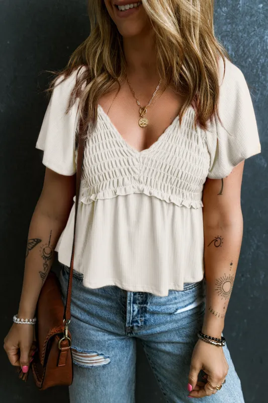 Oatmeal Shirred V Neck Short Flutter Sleeve Textured Blouse sold by Beagle Boutique