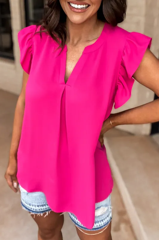 Rose Red Notched Neck Ruffle Sleeve Blouse sold by Beagle Boutique
