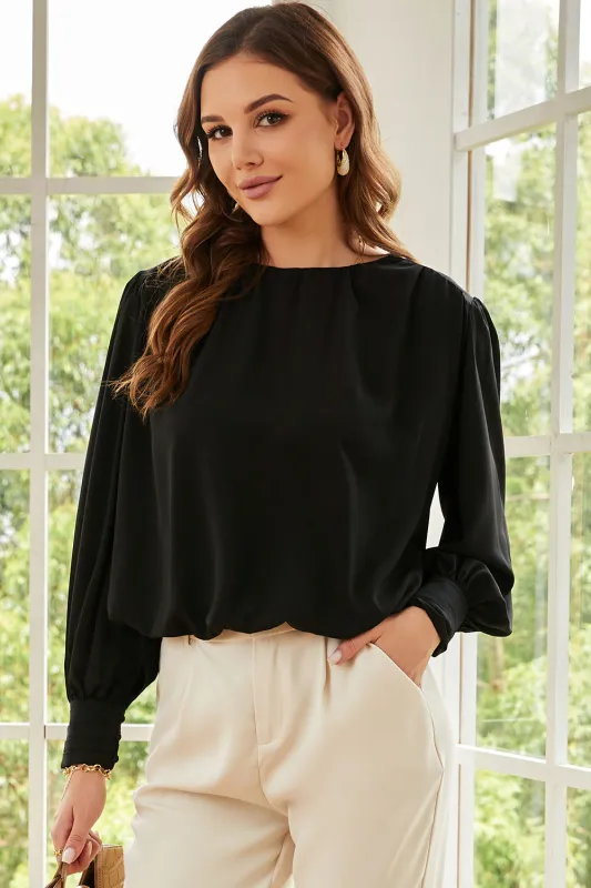 Black Padded Shoulder Buttoned Cuffs Pleated Loose Blouse sold by Beagle Boutique