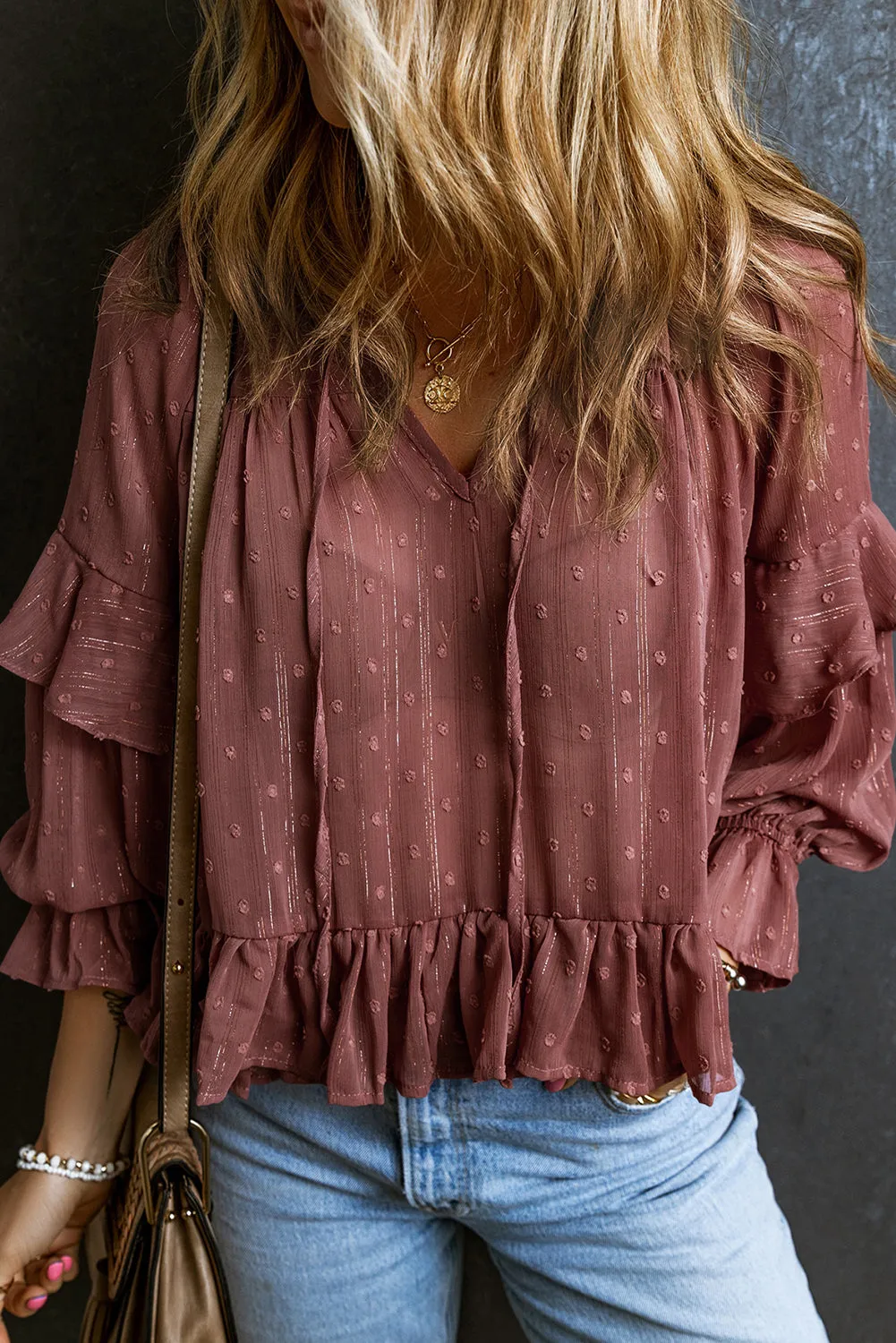Fiery Red Swiss Dot Lace up V Neck Ruffled Blouse sold by Beagle Boutique product image thumbnail 3