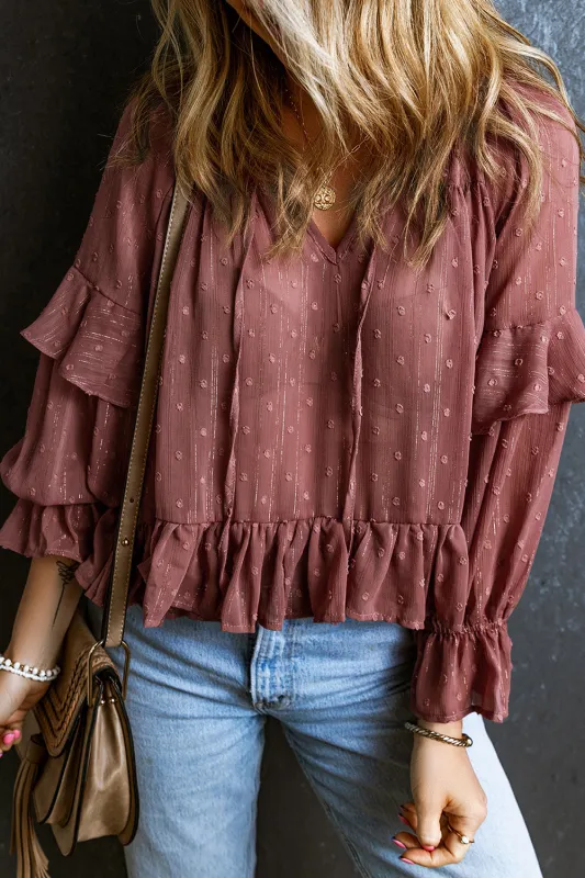 Fiery Red Swiss Dot Lace up V Neck Ruffled Blouse made by Beagle Boutique
