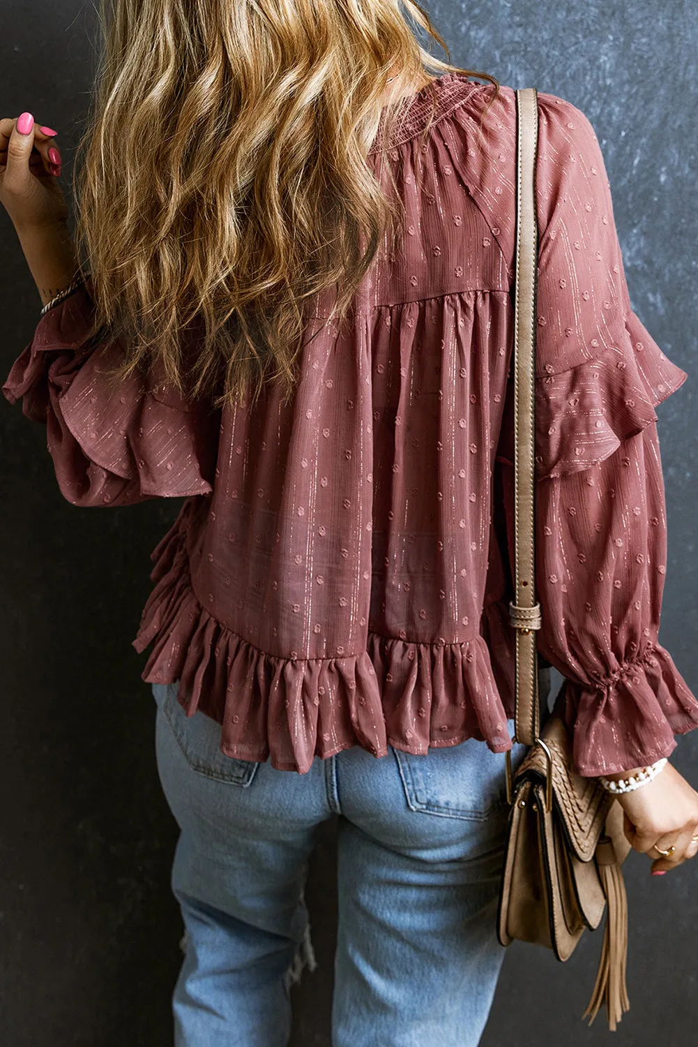 Fiery Red Swiss Dot Lace up V Neck Ruffled Blouse sold by Beagle Boutique product image thumbnail 2
