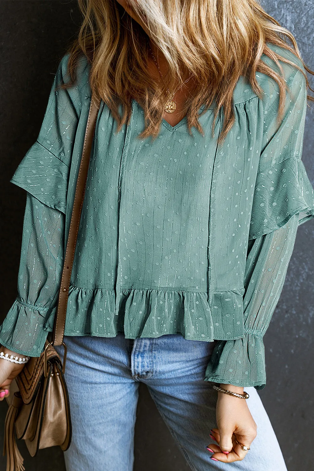 Fiery Red Swiss Dot Lace up V Neck Ruffled Blouse sold by Beagle Boutique product image thumbnail 4