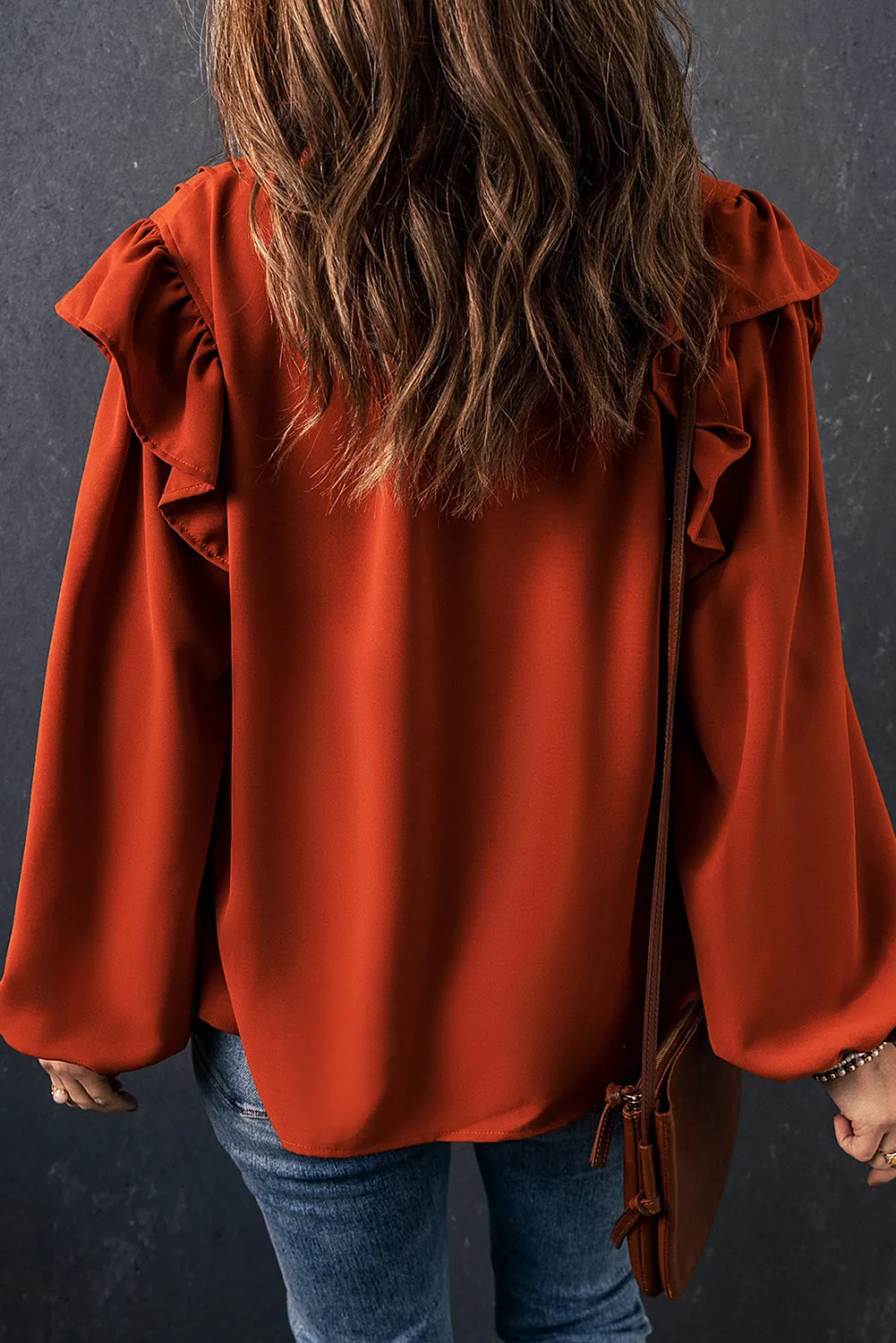 Orange Ruffled Pleated Buttoned V Neck Blouse sold by Beagle Boutique product image thumbnail 2