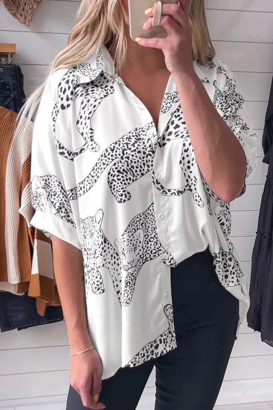 Beige Cheetah Print Buttoned Half Sleeve Shirt sold by Beagle Boutique
