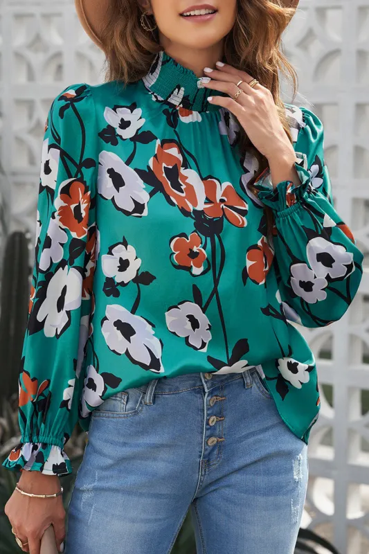 Floral Print Smocked Mock Neck Blouse sold by Beagle Boutique