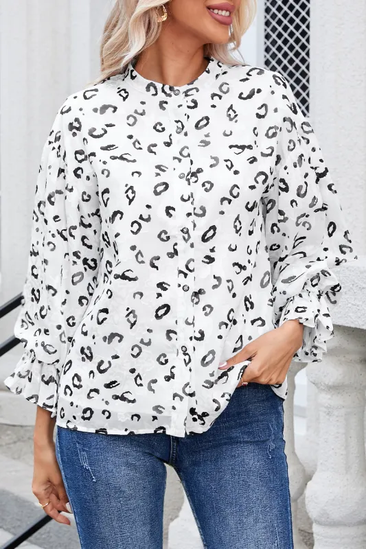 White Leopard Print Button up Ruffled Sleeve Shirt sold by Beagle Boutique