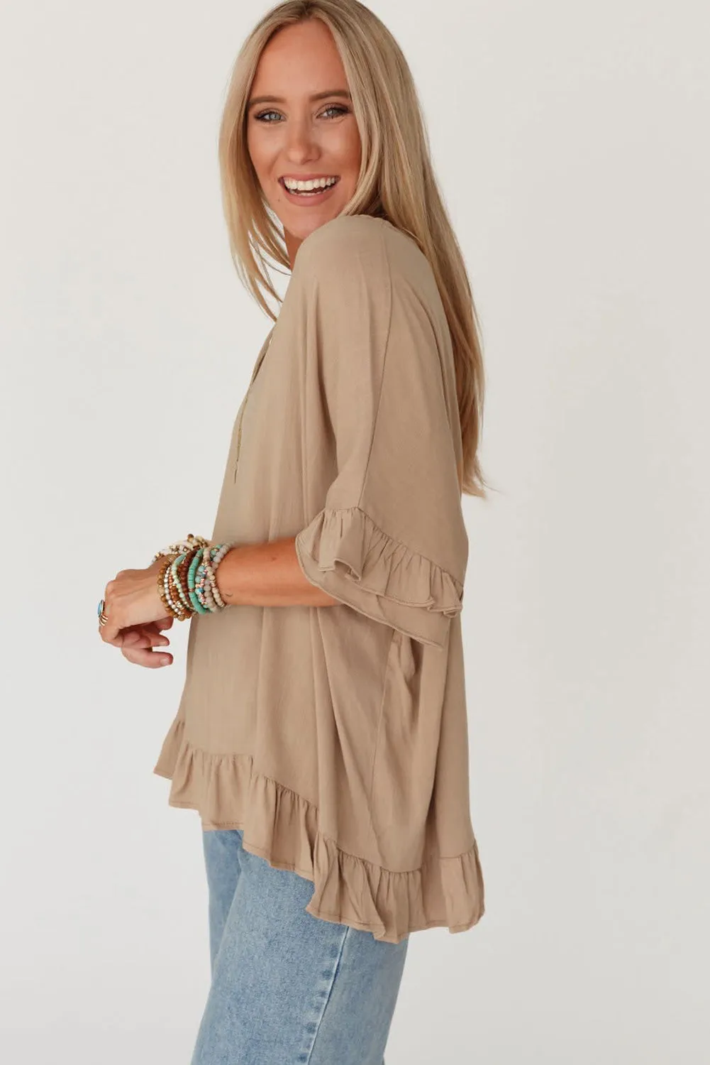 Light French Beige Loose Ruffled V Neck Blouse sold by Beagle Boutique product image thumbnail 2