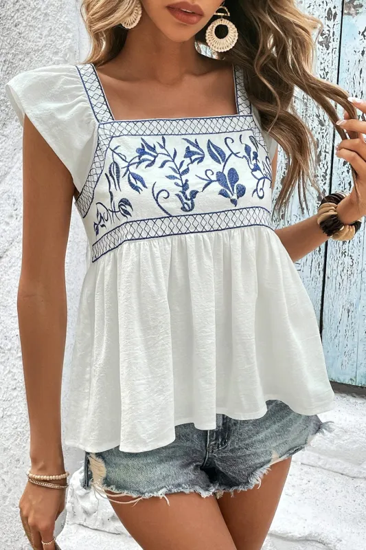 White Embroidered Bust Square Neck Peplum Blouse sold by Beagle Boutique