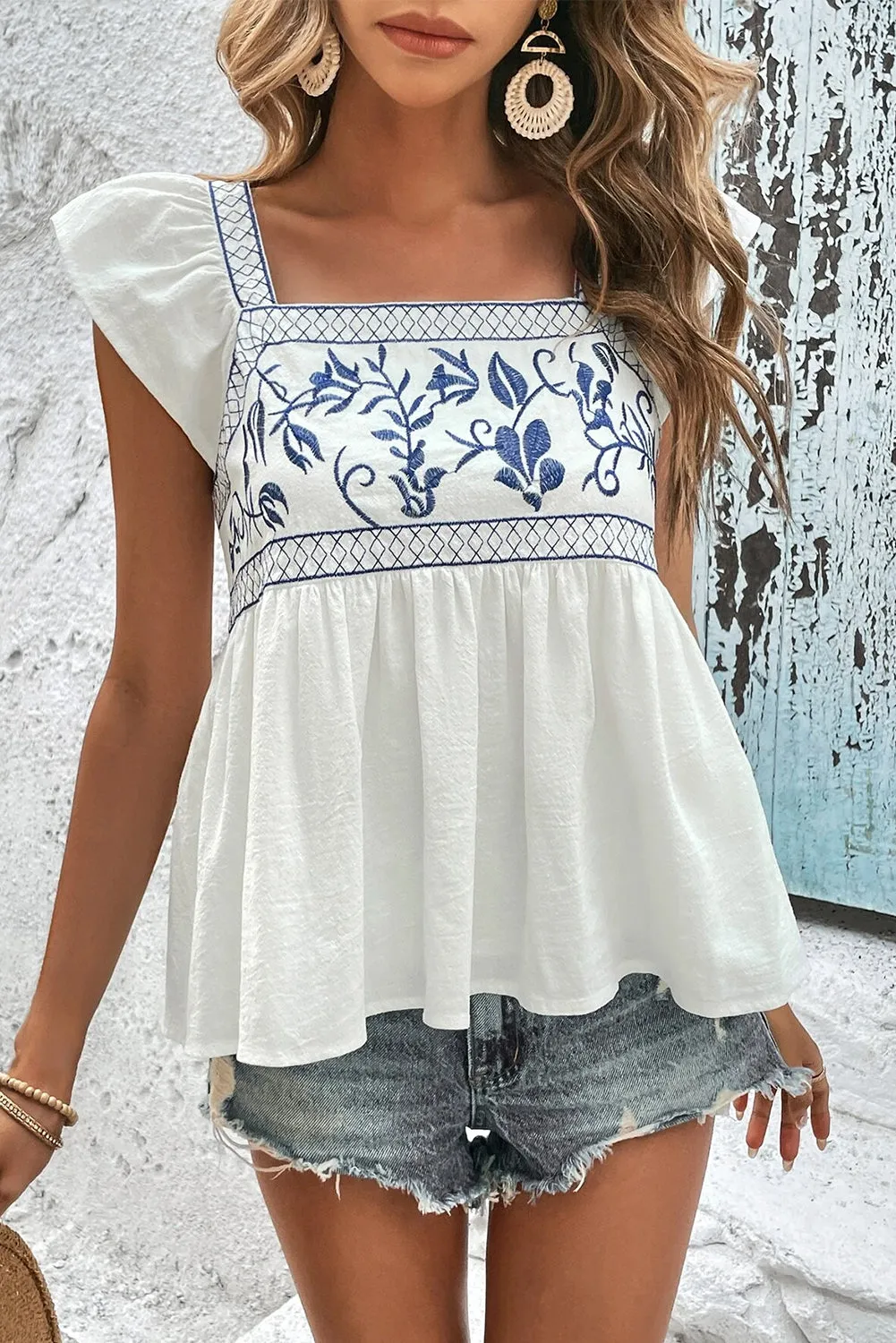 White Embroidered Bust Square Neck Peplum Blouse sold by Beagle Boutique product image thumbnail 3