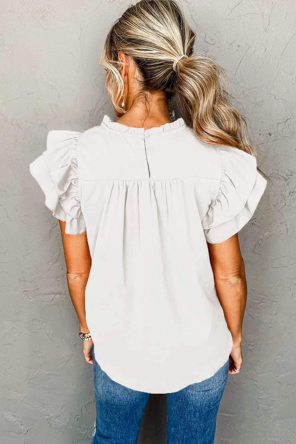White Smocked Ruffle Sleeve Blouse sold by Beagle Boutique product image thumbnail 2