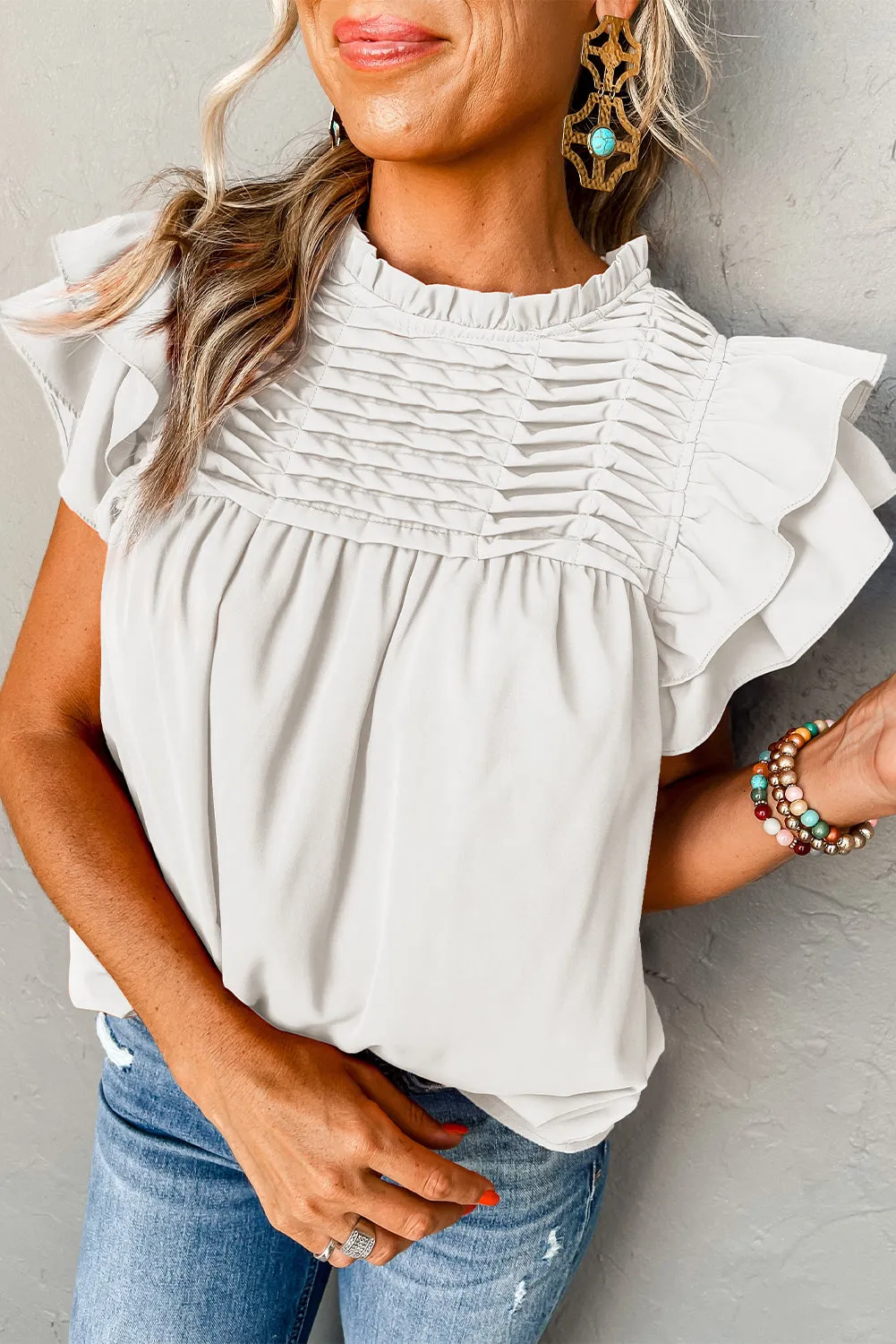 White Smocked Ruffle Sleeve Blouse sold by Beagle Boutique