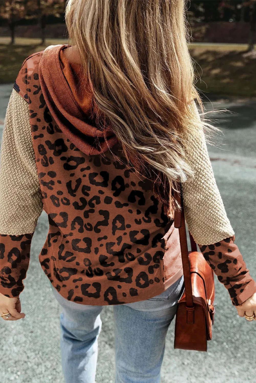 Brown Textured Knit Patchwork Leopard Hoodie sold by Beagle Boutique product image thumbnail 2