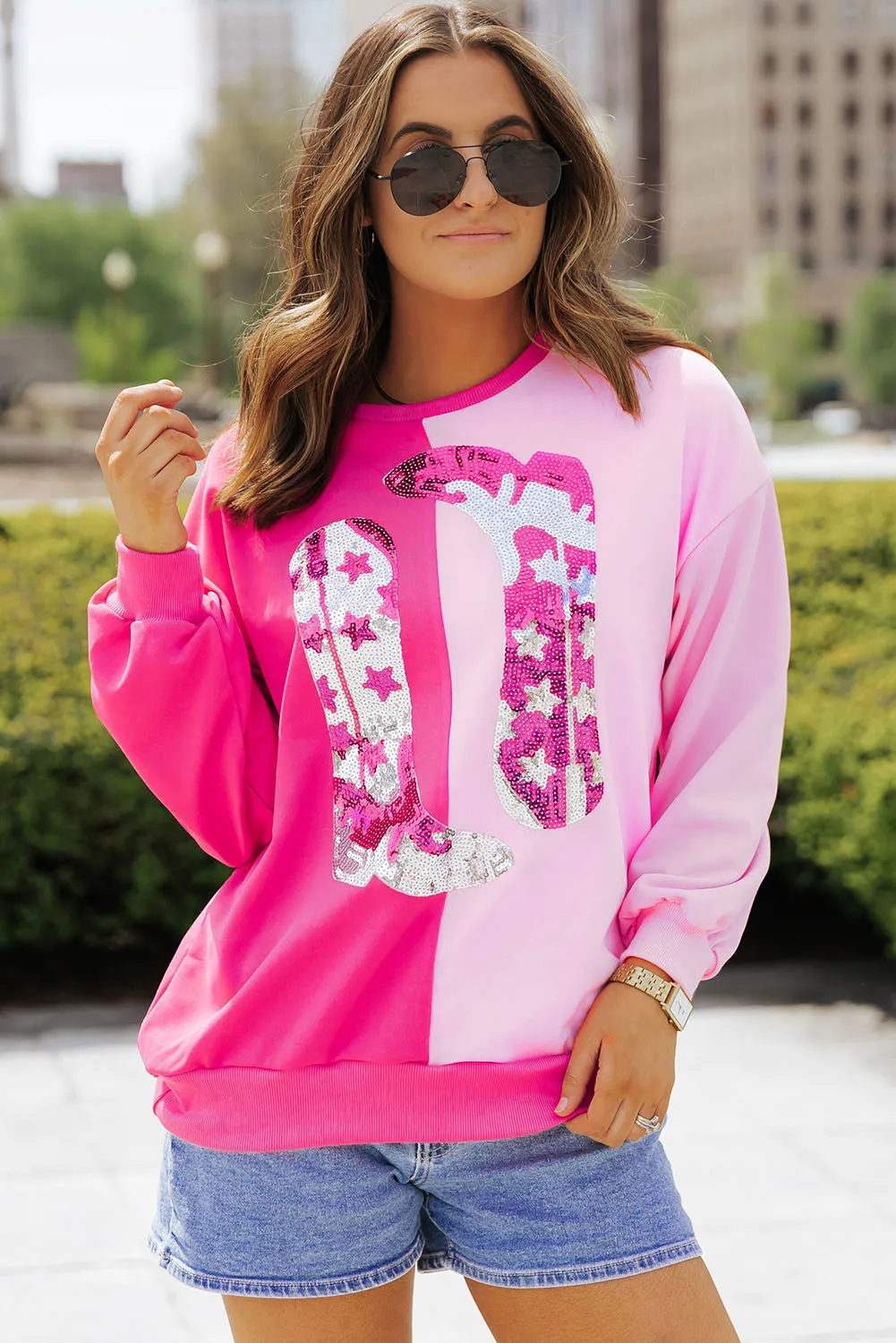 Pink Colour Block Sequined Cowgirl Boots Graphic Sweatshirt sold by Beagle Boutique