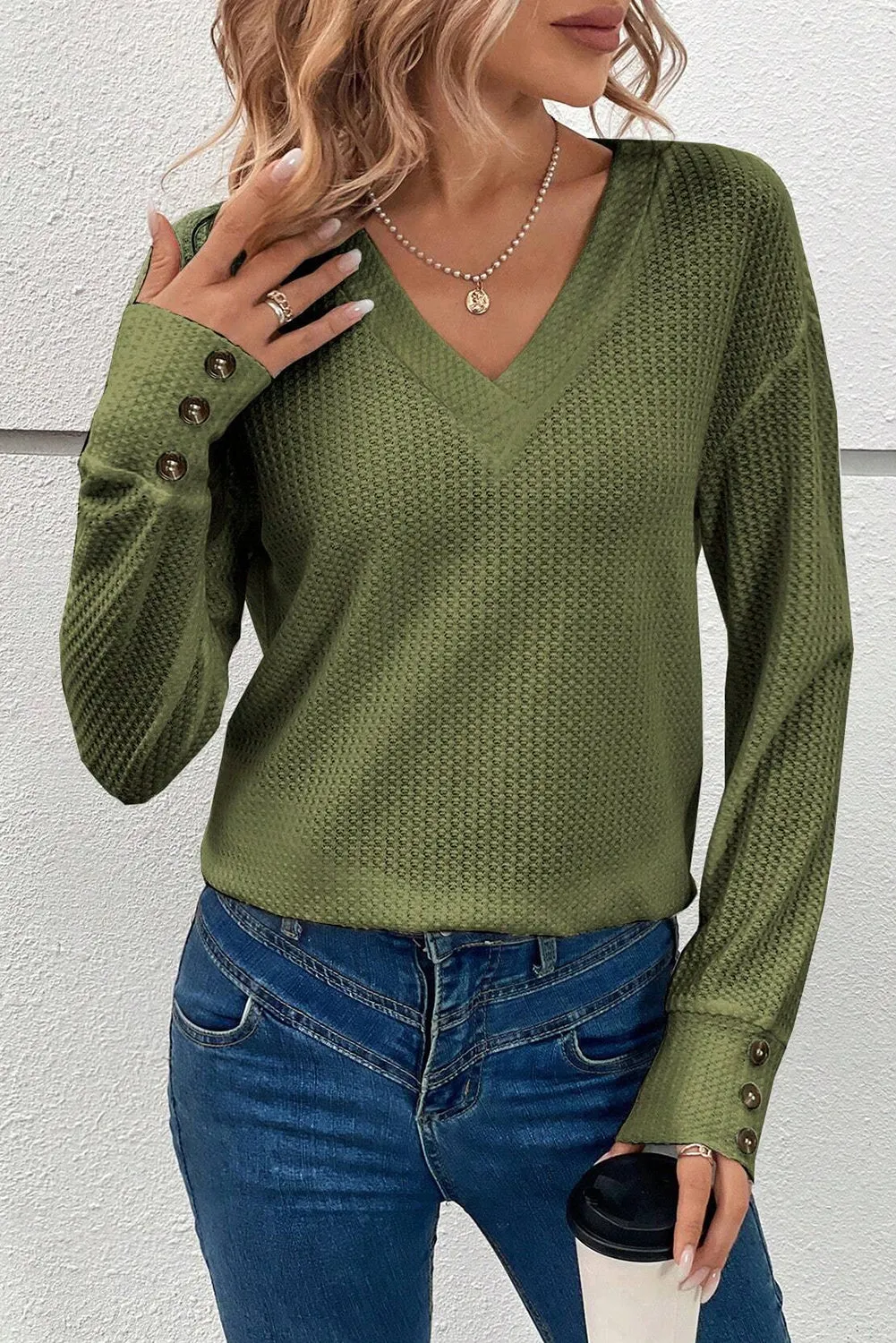 Jungle Green Textured Knit V Neck Button Cuffs Long Sleeve Top sold by Beagle Boutique product image thumbnail 3