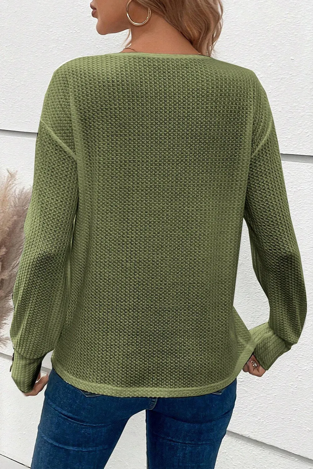Jungle Green Textured Knit V Neck Button Cuffs Long Sleeve Top sold by Beagle Boutique product image thumbnail 2