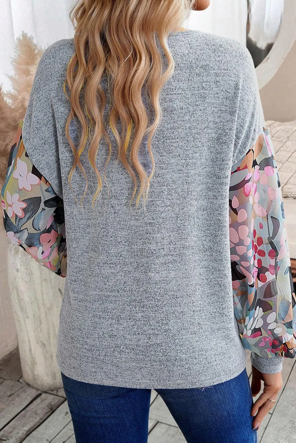 Grey Floral Lantern Sleeve Patchwork Buttoned V Neck Top sold by Beagle Boutique product image thumbnail 2