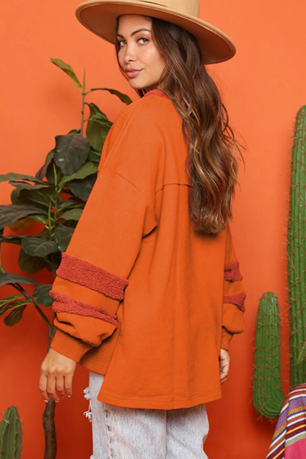 Carrot Fleece Patchwork Side Slits High Low Sweatshirt sold by Beagle Boutique product image thumbnail 2