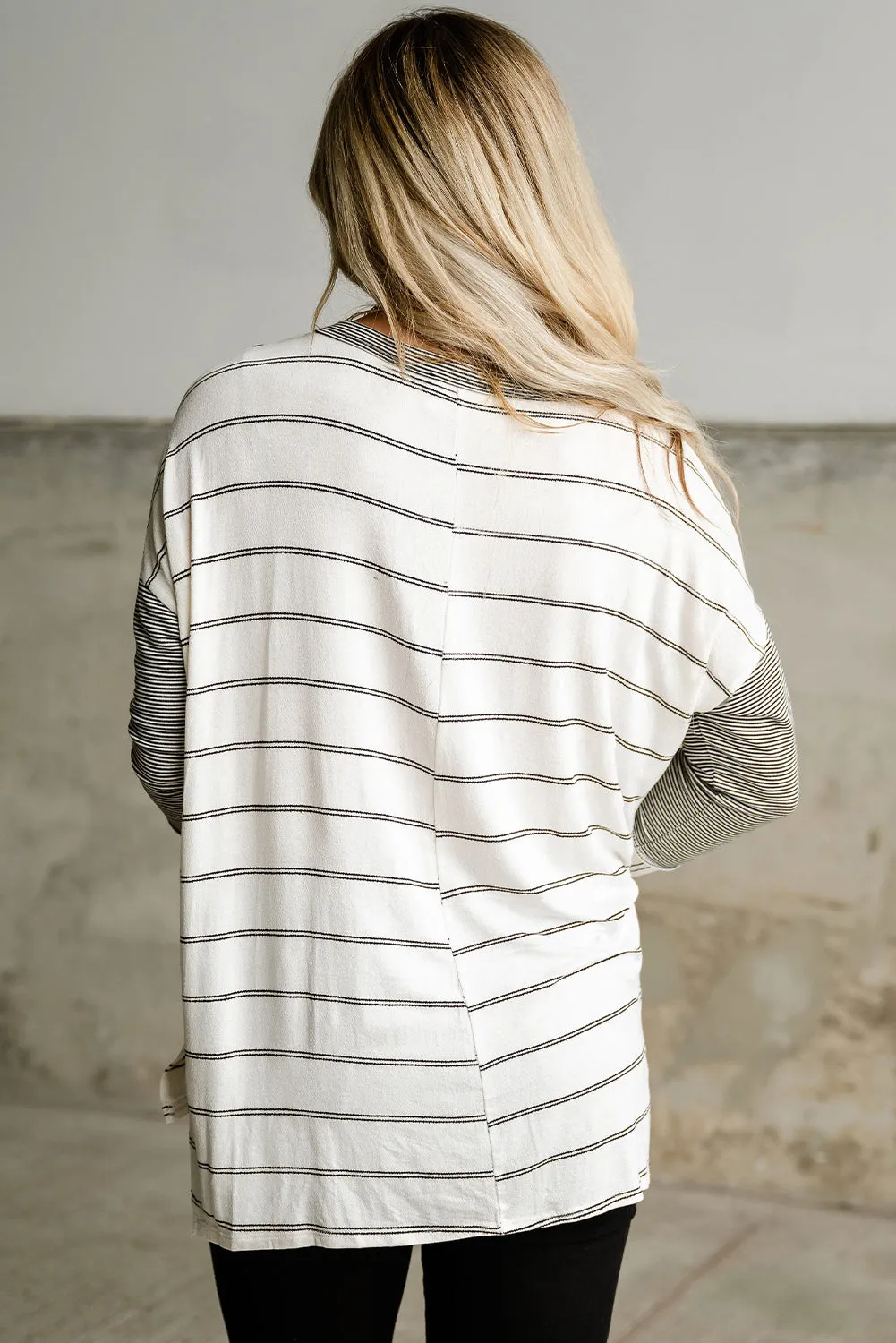 Stripe Patchwork High Low Side Slits Long Sleeve Top sold by Beagle Boutique product image thumbnail 2
