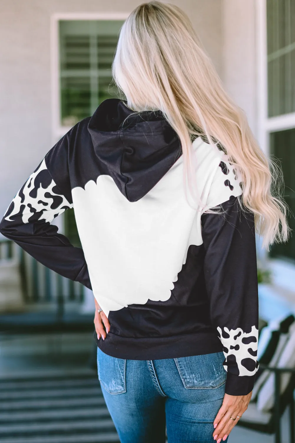 Black Cow Tie Dye Print Pocketed Drawstring Pullover Hoodie sold by Beagle Boutique product image thumbnail 2