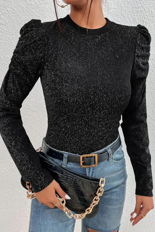 Black Gigot Sleeve Metallic Knit Slim Fit Top sold by Beagle Boutique