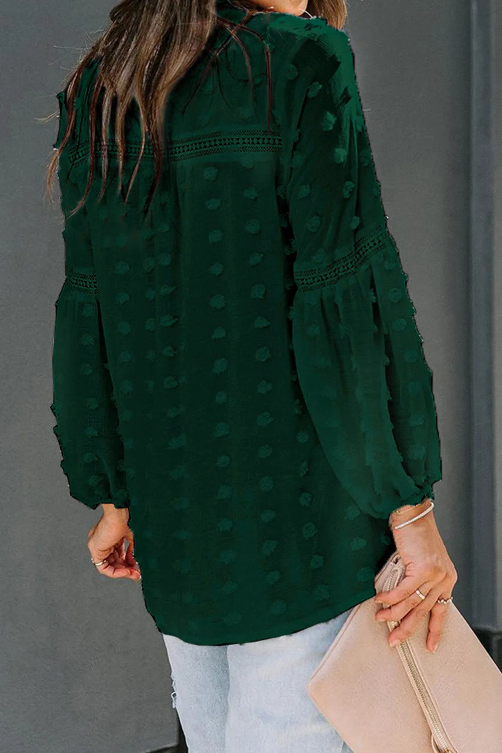 Green Ruffled Split Neck Lace Hollow Out Puff Sleeve Polka Dot Blouse sold by Beagle Boutique product image thumbnail 2