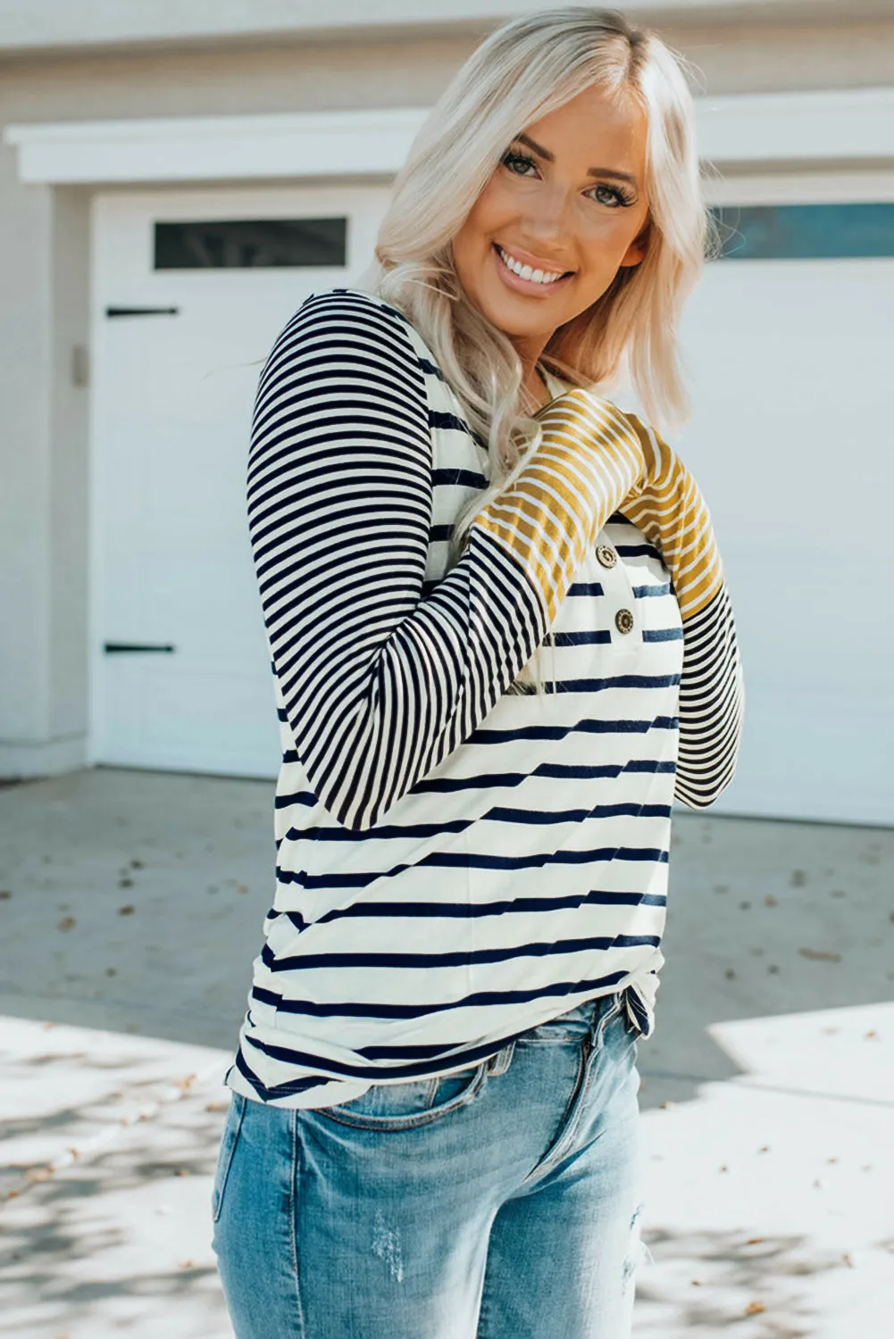 Long Sleeve Stripe Button Henley Top sold by Beagle Boutique product image thumbnail 3