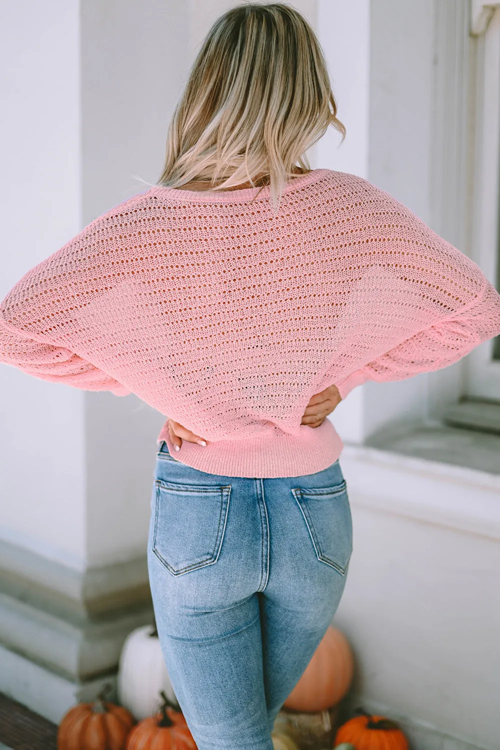 Pink Knitted Eyelets Round Neck Long Sleeve Top sold by Beagle Boutique product image thumbnail 2