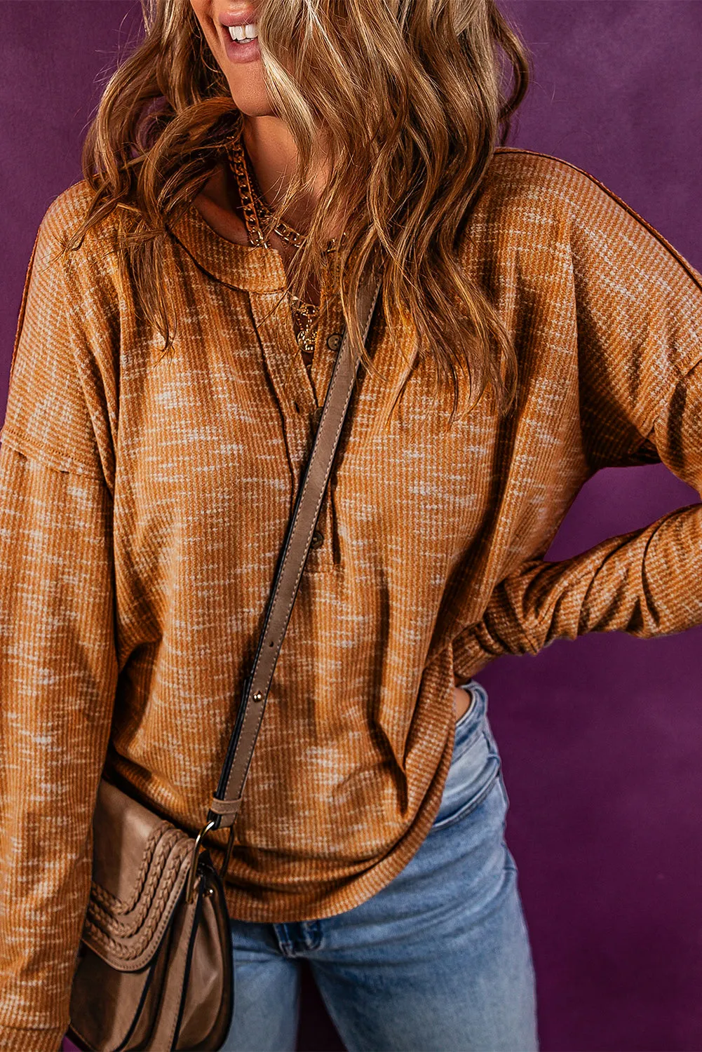 Mustard Rib Knit Drop Shoulder Long Sleeve Henley Top sold by Beagle Boutique product image thumbnail 3