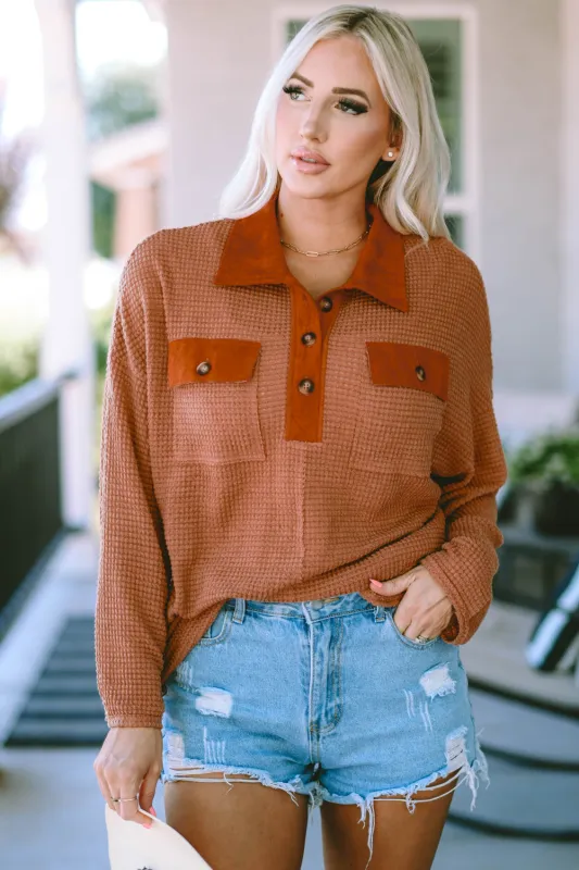 Brown Waffle Knit Button Contrast Trim Long Sleeve Top sold by Beagle Boutique