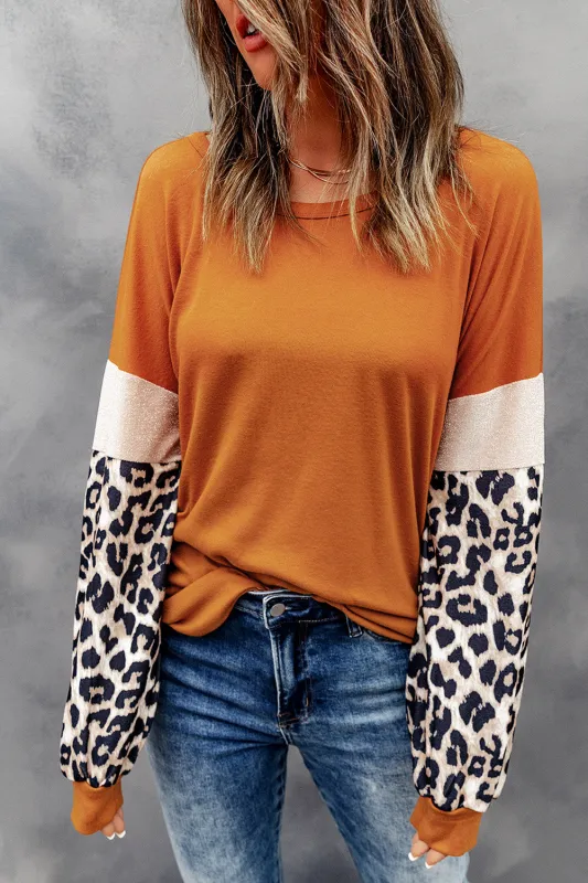Brown Leopard Sequin Patchwork Long Sleeve Top sold by Beagle Boutique
