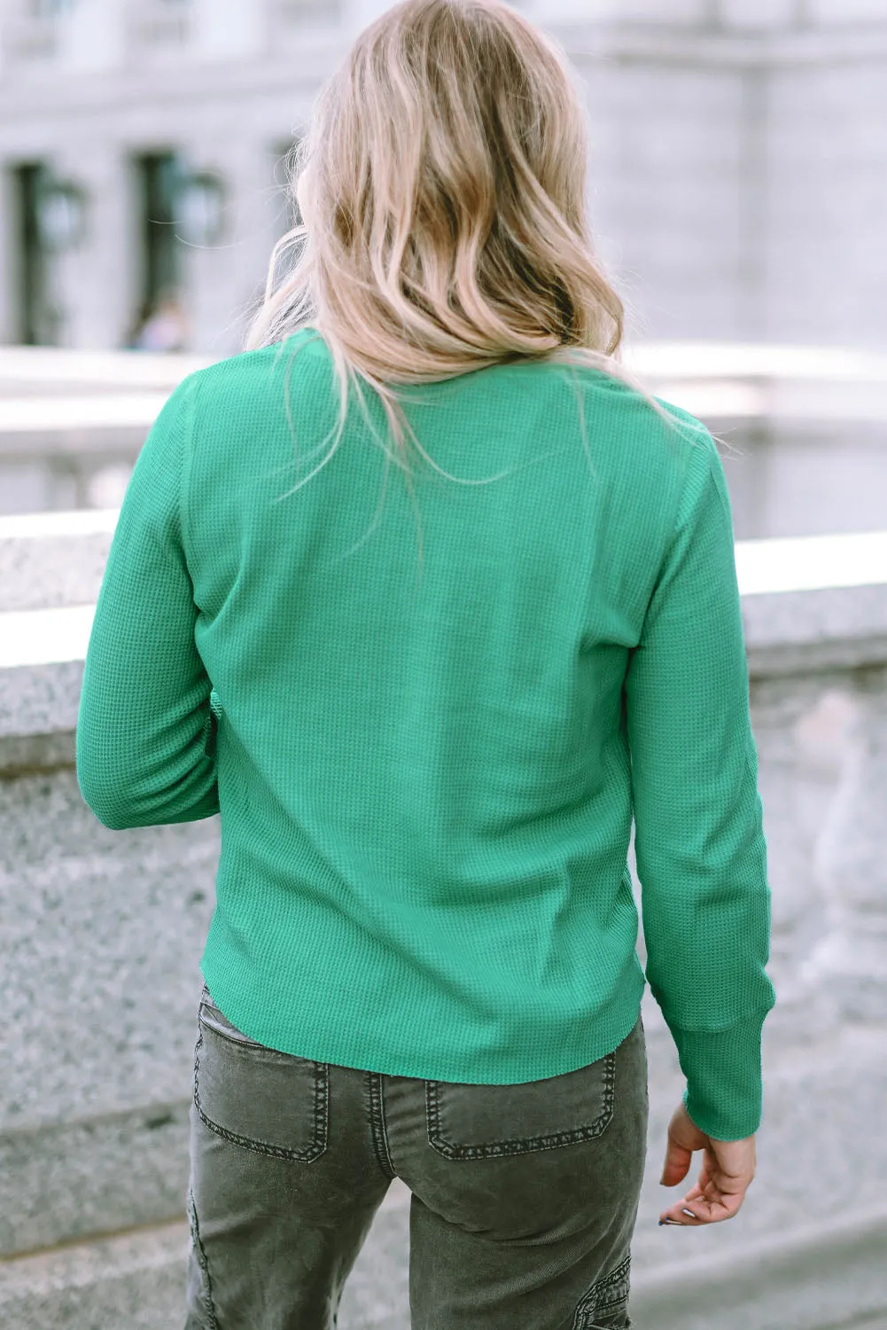 Green Trimmed Neckline Waffle Knit Henley Top sold by Beagle Boutique product image thumbnail 2