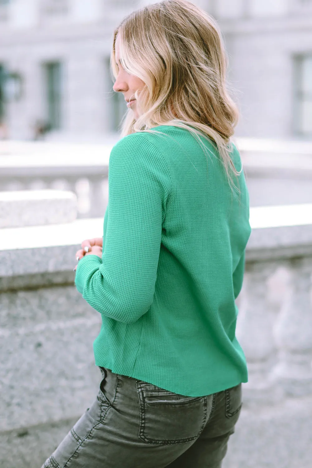 Green Trimmed Neckline Waffle Knit Henley Top sold by Beagle Boutique product image thumbnail 3