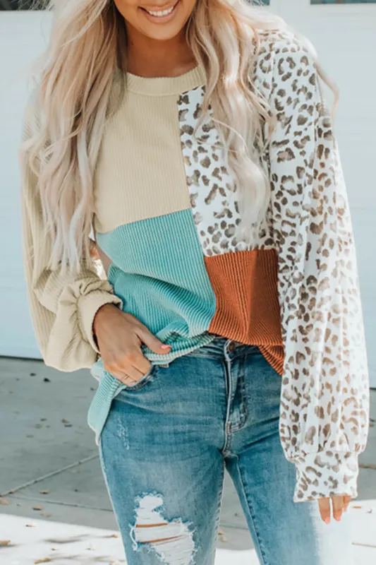Leopard Patchwork Colour Block Ribbed Long Sleeve Top sold by Beagle Boutique