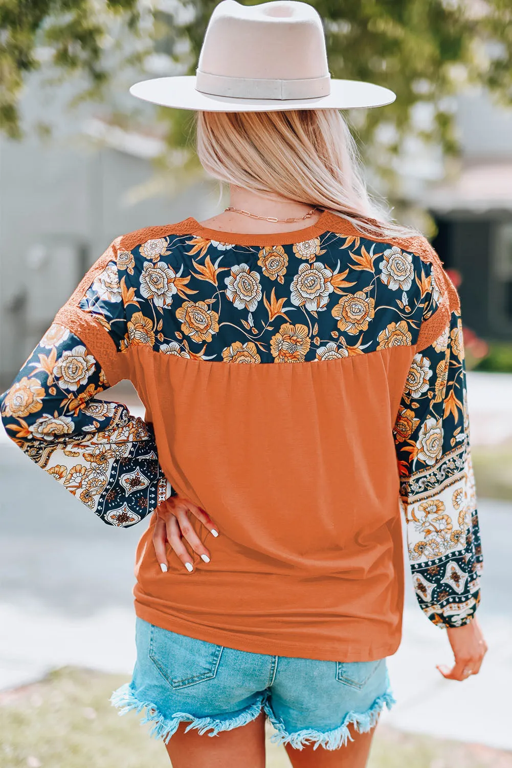 Brown Boho Floral Print Balloon Sleeve Top with Lace Details sold by Beagle Boutique product image thumbnail 2