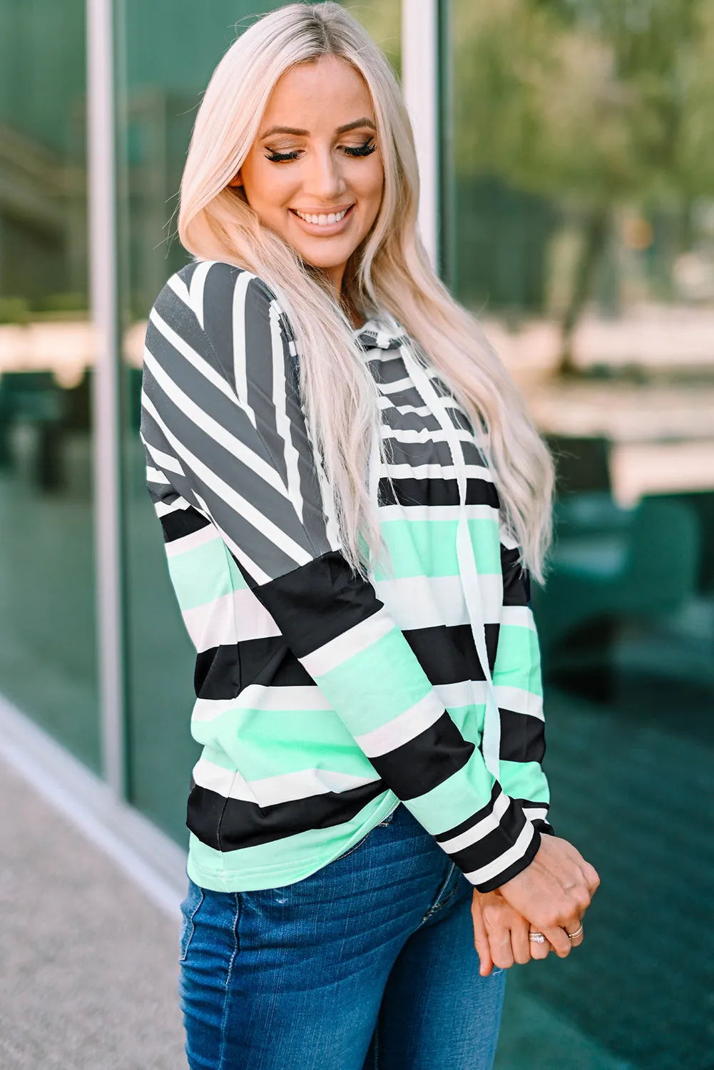 Green Striped Drawstring Long Sleeve Hoodie sold by Beagle Boutique product image thumbnail 3