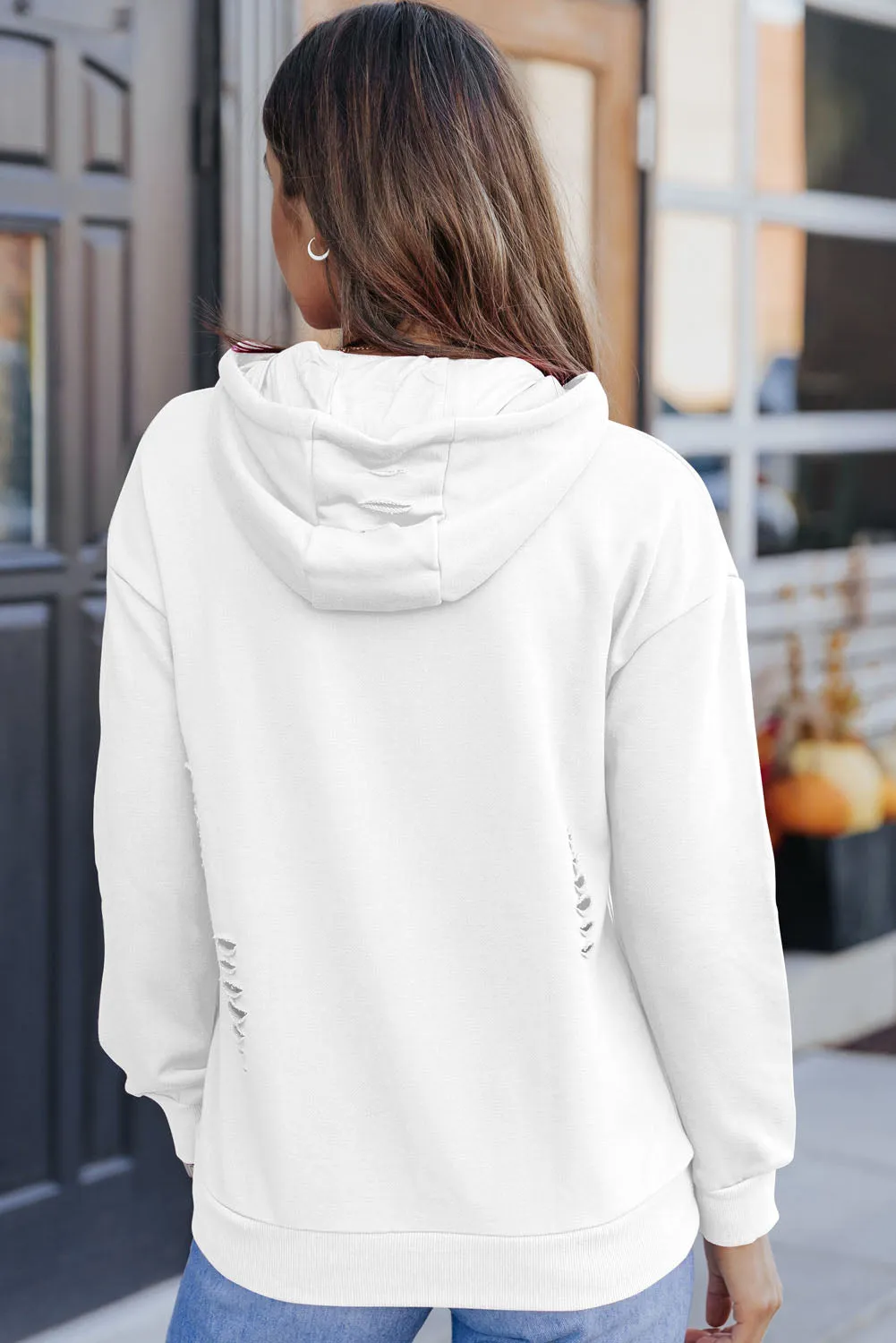 White Solid Ripped Hooded Sweatshirt with Kangaroo Pocket sold by Beagle Boutique product image thumbnail 2