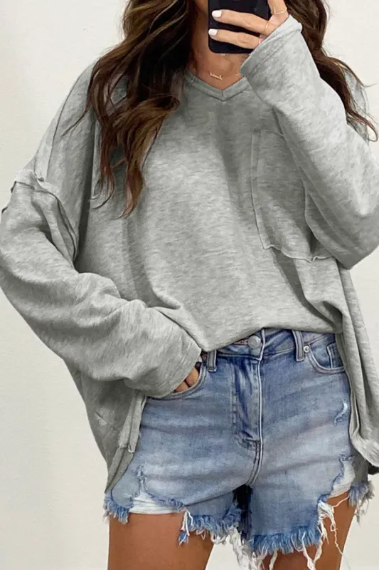 Gray Pocketed Oversized Drop Sleeve Top sold by Beagle Boutique