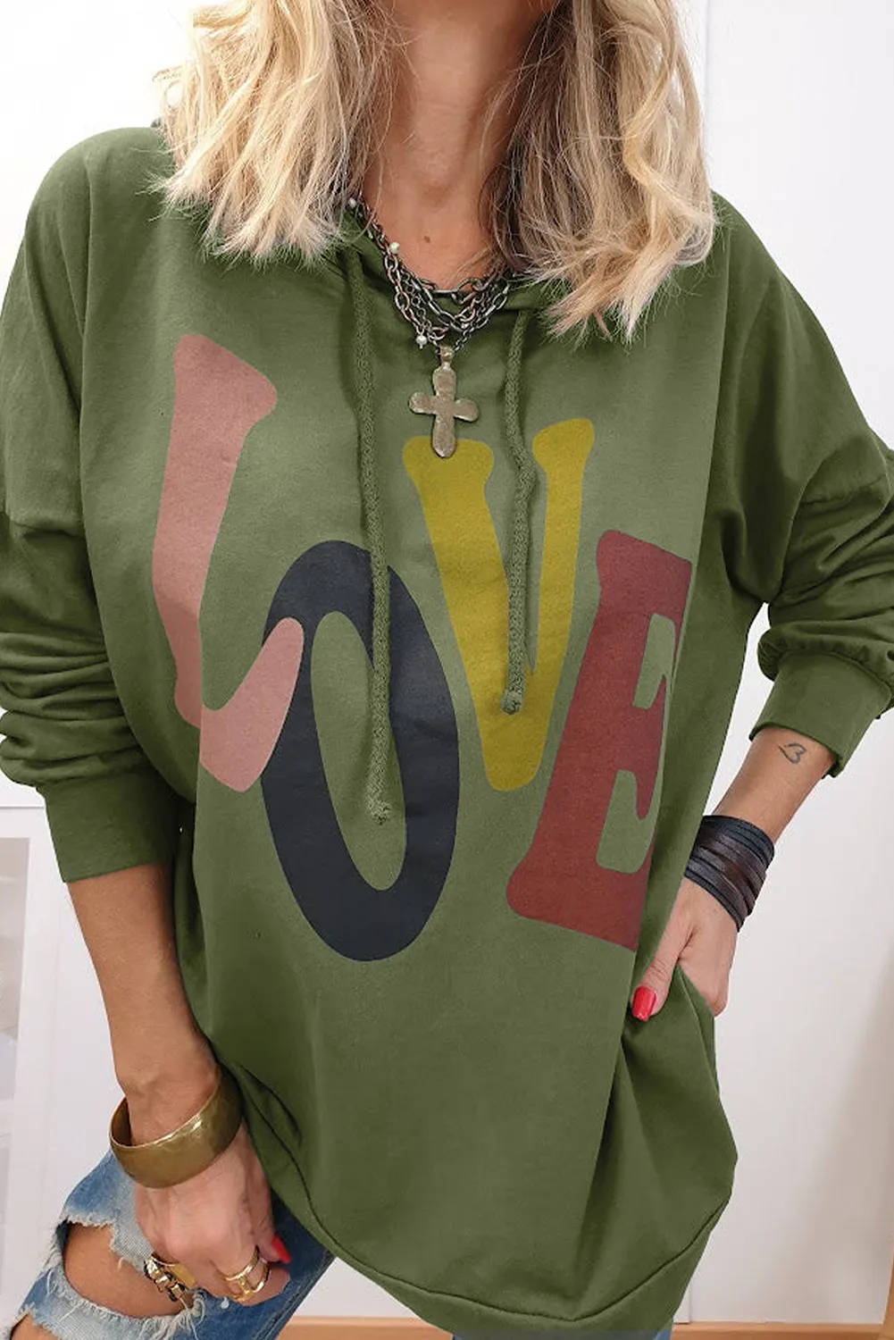 Mist Green LOVE Letter Graphic Drop Shoulder Oversize Hoodie sold by Beagle Boutique
