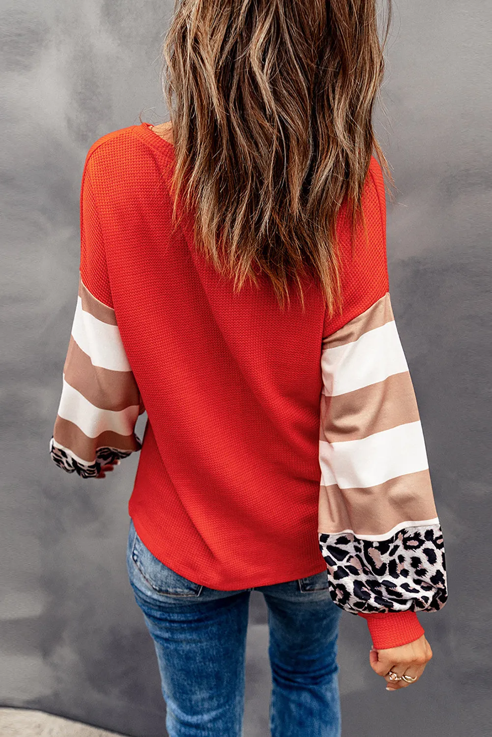 Orange V Neck Leopard Stripe Splice Lantern Sleeve Top sold by Beagle Boutique product image thumbnail 2