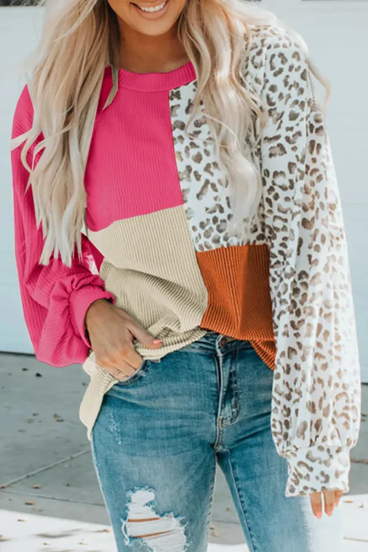 Rose Leopard Patchwork Color Block Ribbed Long Sleeve Top sold by Beagle Boutique