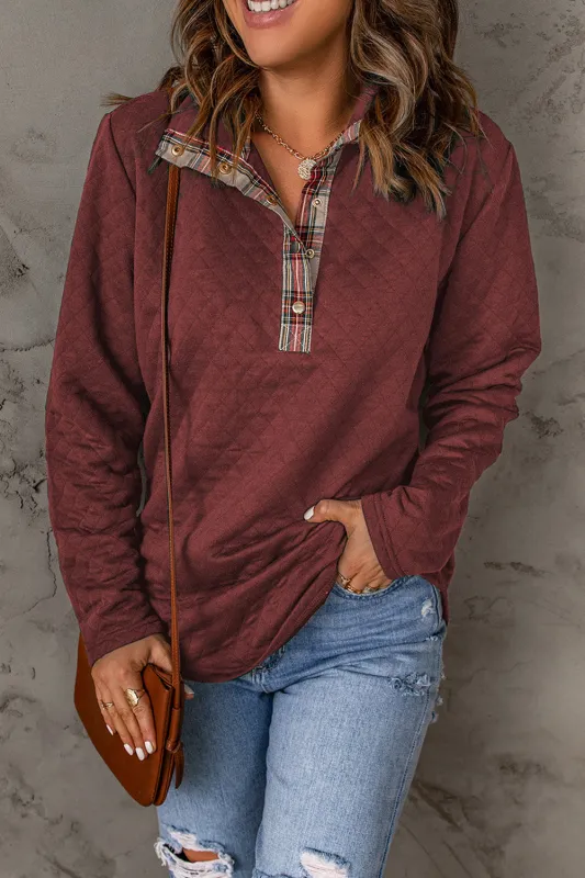 Fiery Red Geometric Texture Plaid Trim Sweatshirt sold by Beagle Boutique